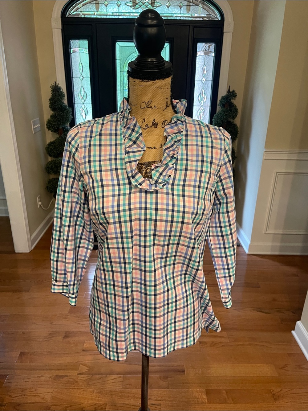 Talbots Women's Plaid Ruffle Collar Navy Pink Teal Blouse Size 2P